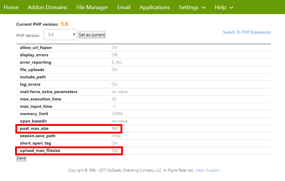 GoDaddy max upload filesize