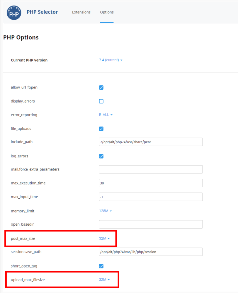 cPanel memory settings