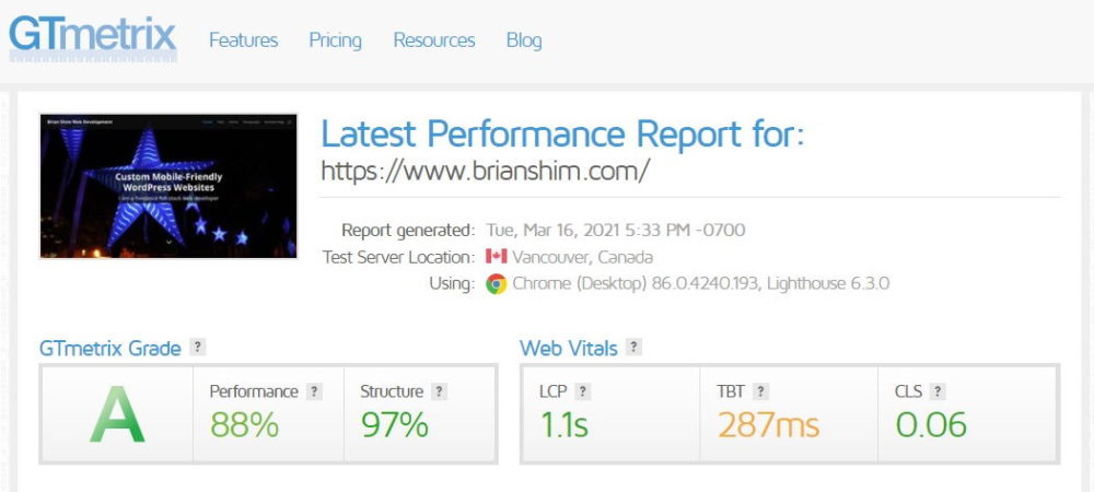 GTmetrix scores for brianshim.com showing "A" grade and 1.1 second paint time