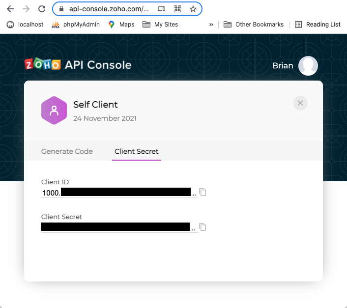 Zoho API Console showing Client ID and Client Secret