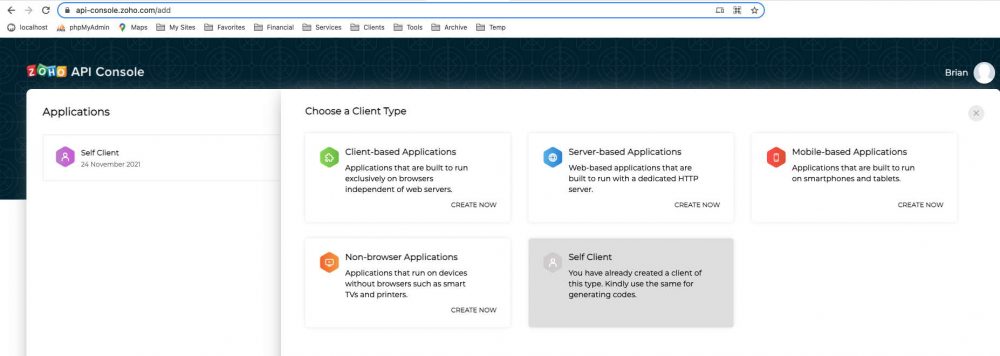 Zoho API Console showing Client Type selection (I already selected Self Client)