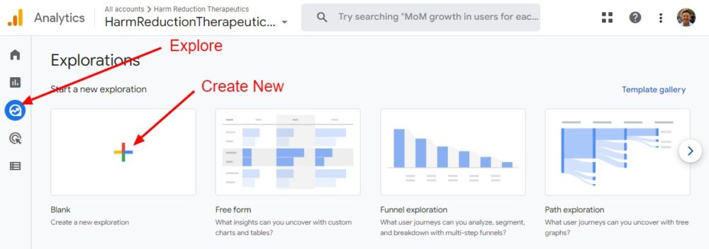 Creating a new Exploration in Google Analytics 4